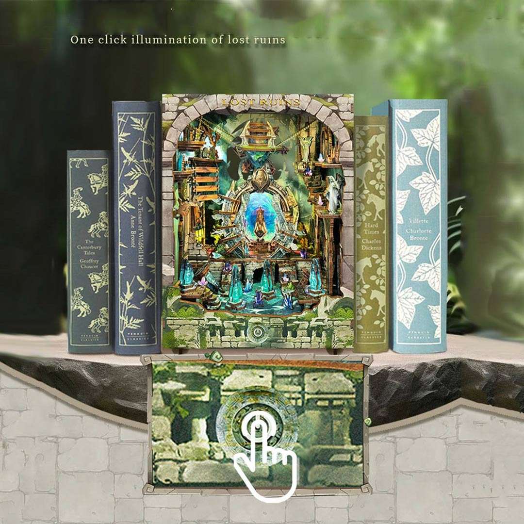 Book Nook with a fantasy scene of a Lost Ruins and glowing blue crystals, set between books, and highlight the Touch Switch feature