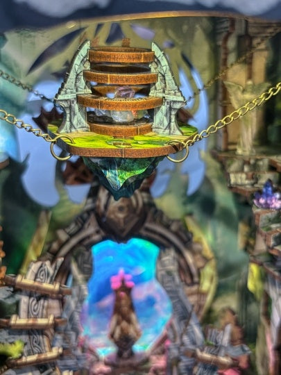 Fantasy scene with a floating platform and glowing blue portal in a mystical setting.