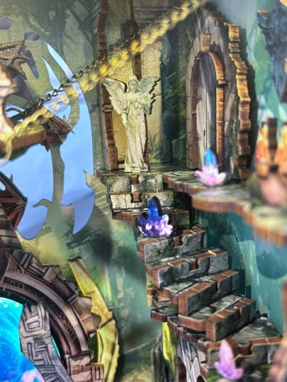 Fantasy scene with Angel Goddness statue, castle interior, and mystical elements