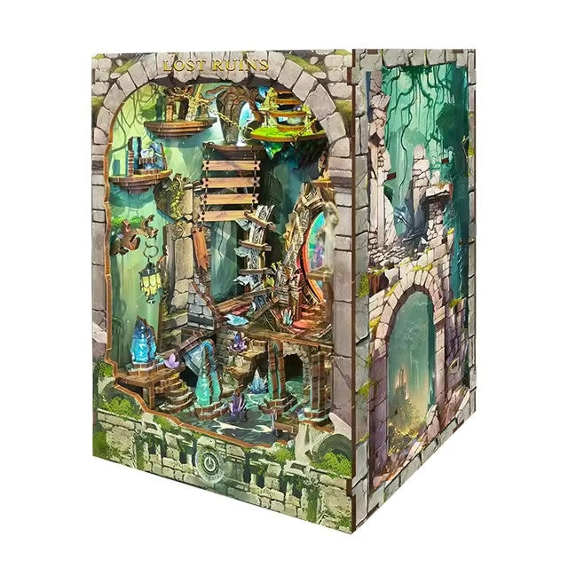 Assembled Book Nook of a fantasy Lost Ruins with stone architecture and glowing elements on a white background.