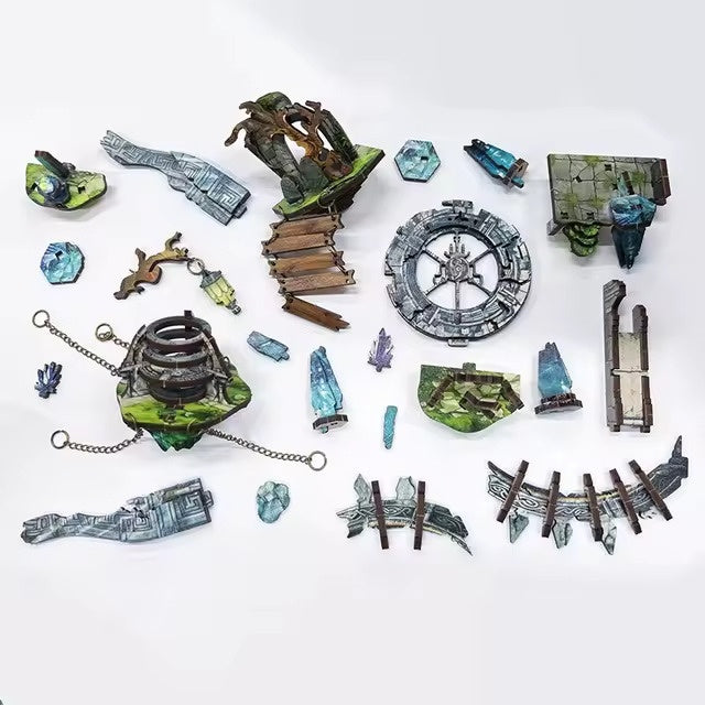 Collection of miniature pieces and elements of Lost Ruins Book Nook on a white background