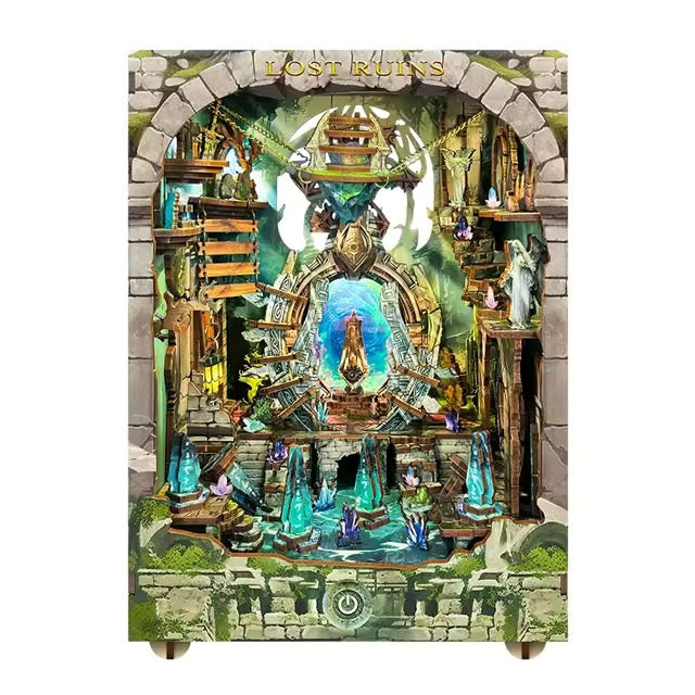 DIY Book Nook with 'Lost Ruins' theme featuring intricate details and a glowing central portal element.