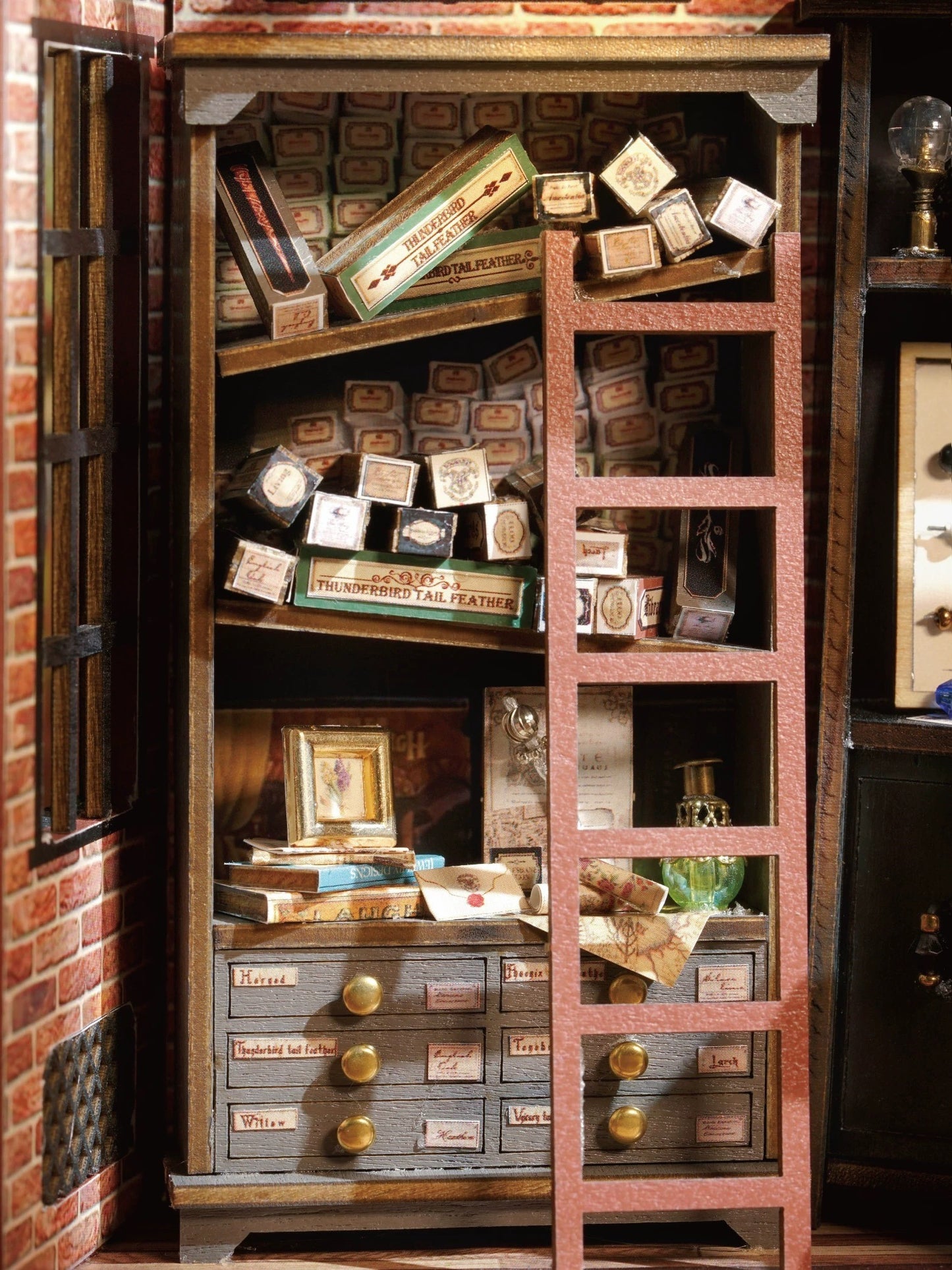 image displaying the black wooden grocery shelf in the Magic Wand Shop DIY Miniature House Kit