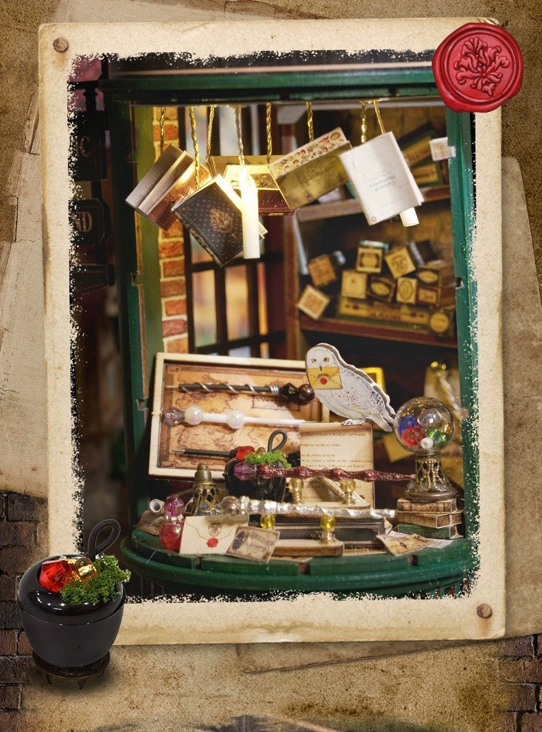 image displaying miniature magic items showed beside the window of Magic Wand Shop DIY Miniature House