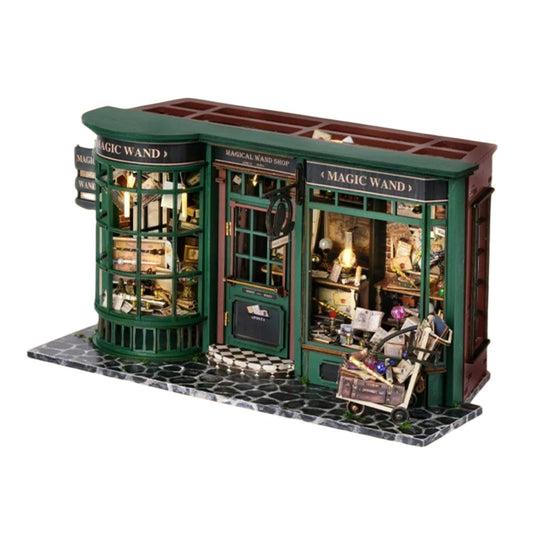 main image displaying finished Magic Wand Shop DIY Miniature House Kit, a dollhouse inspired by Harry Potter