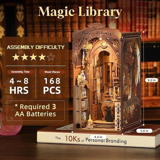 Magic Library DIY Book Nook kit inspired by Harry Potter. perfect for DIY crafting enthusiasts and dollhouse collectors alike. Ideal for bookshelf decor of gift for music or wizarding world lovers