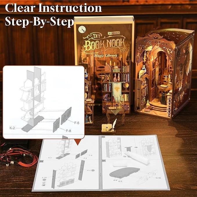 Magic Library DIY Book Nook kit inspired by Harry Potter. perfect for DIY crafting enthusiasts and dollhouse collectors alike. Ideal for bookshelf decor of gift for music or wizarding world lovers