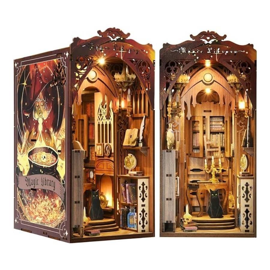 Magic Library DIY Book Nook kit inspired by Harry Potter. perfect for DIY crafting enthusiasts and dollhouse collectors alike. Ideal for bookshelf decor of gift for music or wizarding world lovers