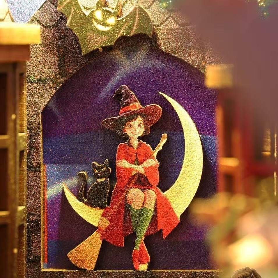 Decorative Halloween sign with a witch and black cat on a broomstick against a purple background.