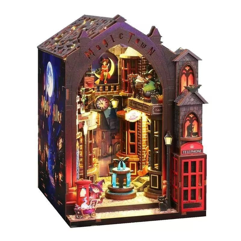 book nook model of a magical alley scene with lit-up elements