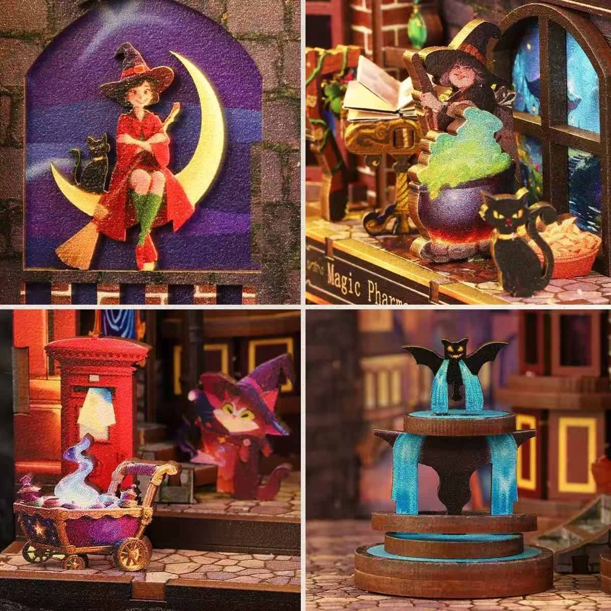 Collage of magic-themed figurines including a witch on a broom, a potion stand, and a cat with a blue light.