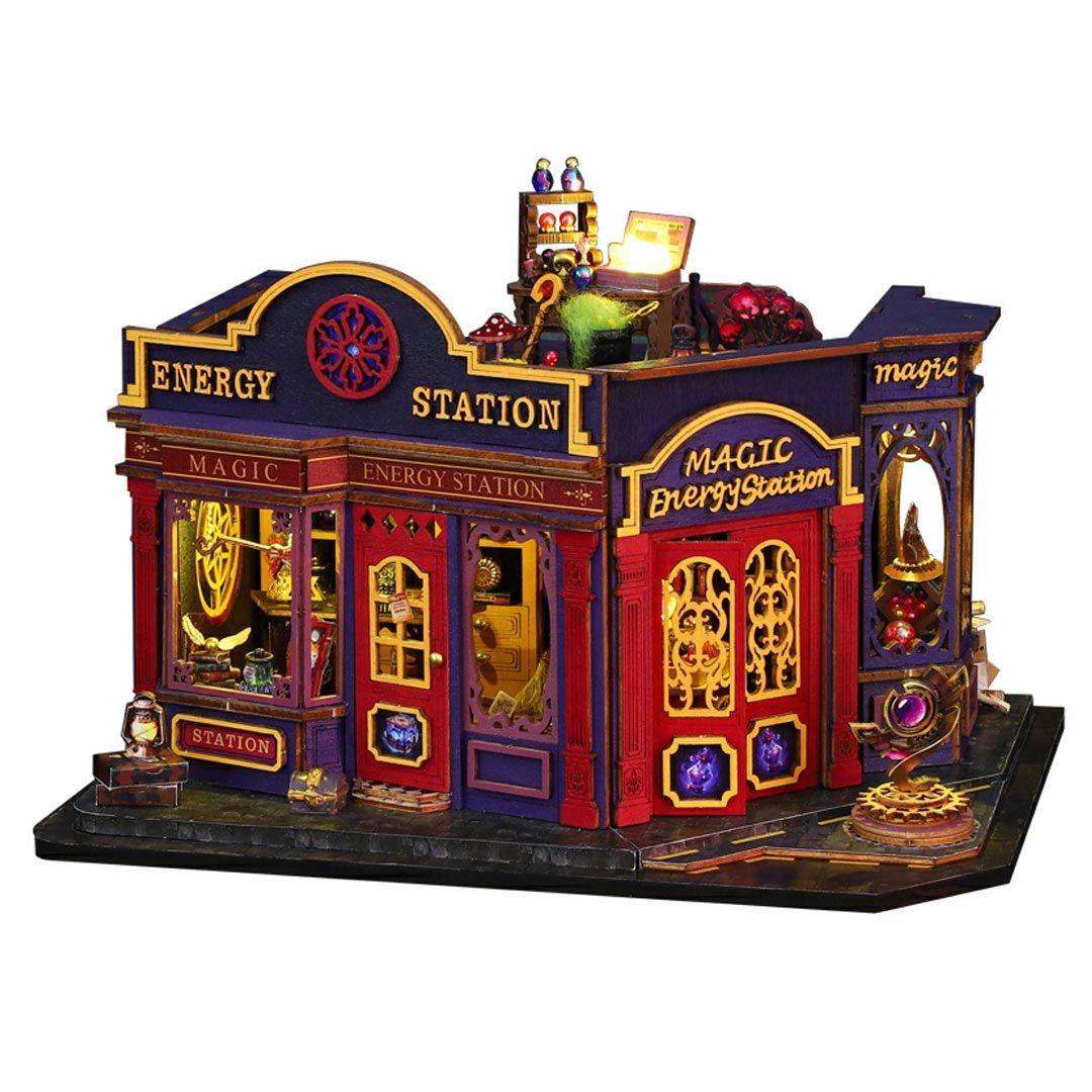 image displaying the overall exterior design of Magic Energy Station DIY Miniature House Kit in a white background