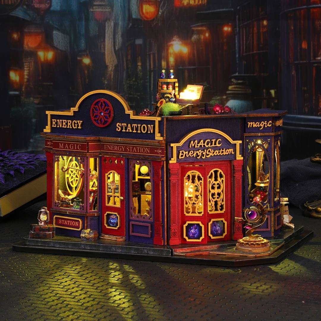 image displayin Magic Energy Station Miniature House with warm light
