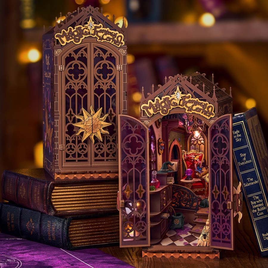 Gothic-style wooden book nook with open doors revealing a magical house interior on top of books.