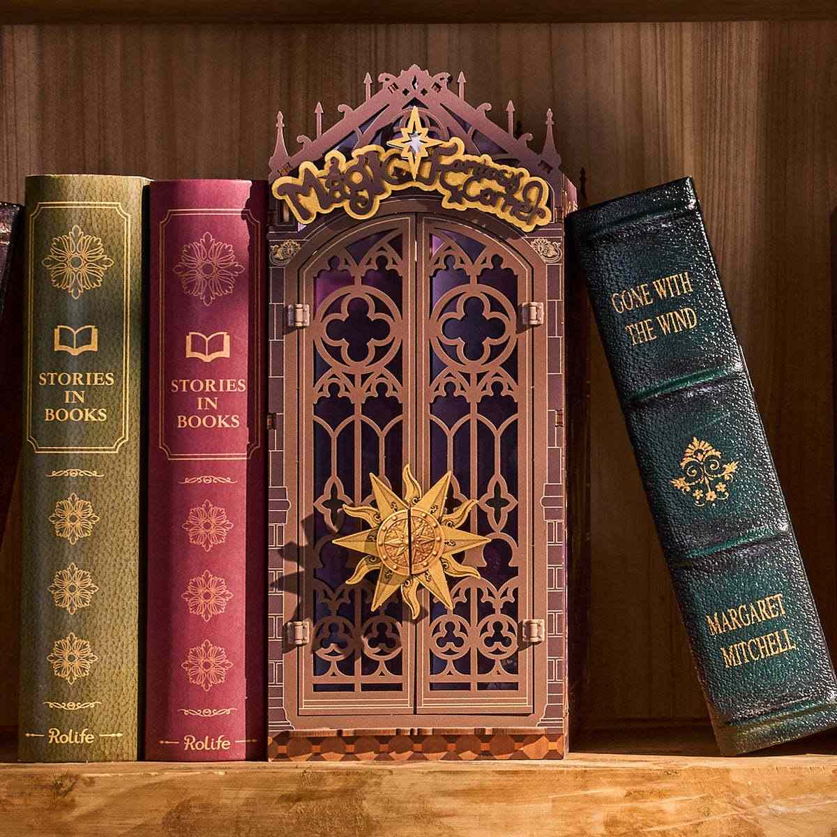 Decorative bookshelf with ornate book nook of magic fantasy corner themed and books on a wooden surface