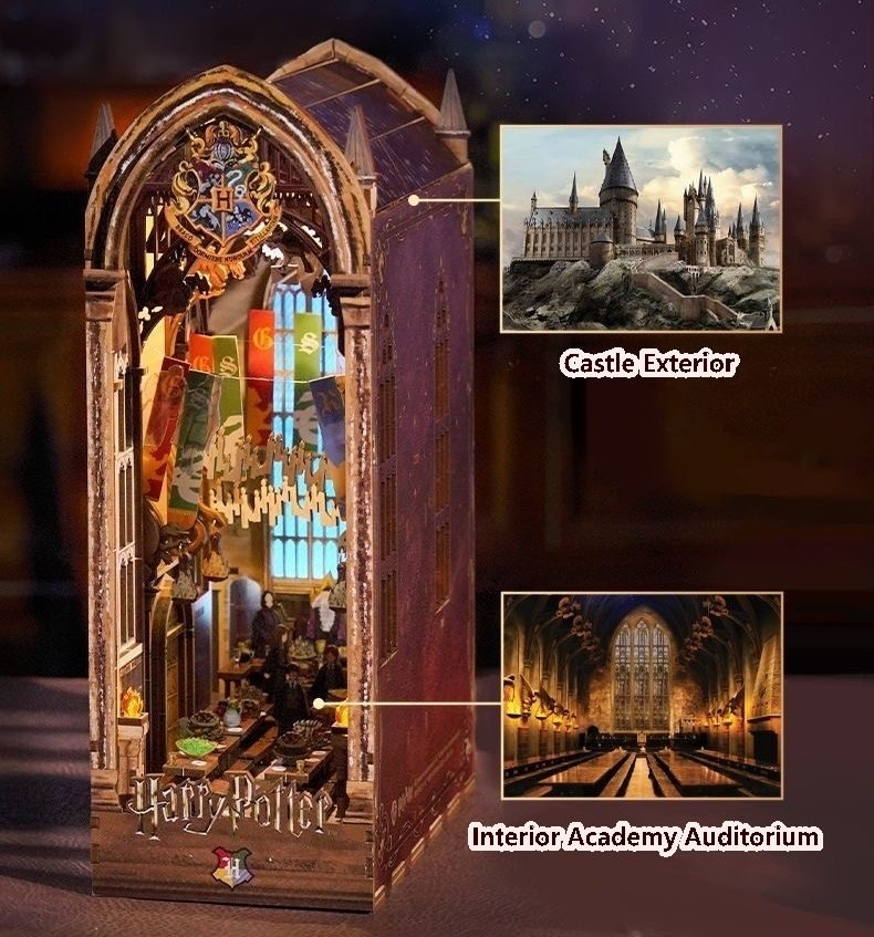 Detailed book nook of a Harry Potter-themed castle with illuminated interior and exterior views