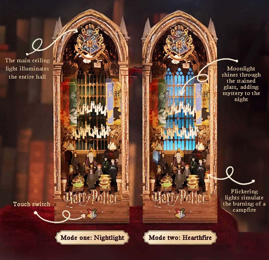 Harry Potter-themed decorative book shelf insert with Gothic style glass windows and Hogwarts crest.