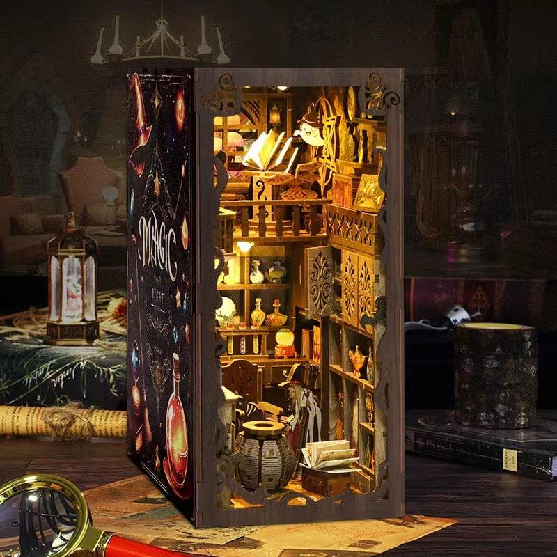 Magic Night DIY Book Nook Kit, A charming miniature 3d wooden puzzles inspired by Harry Potter, perfect for crafting enthusiasts and dollhouse collectors alike. left side view