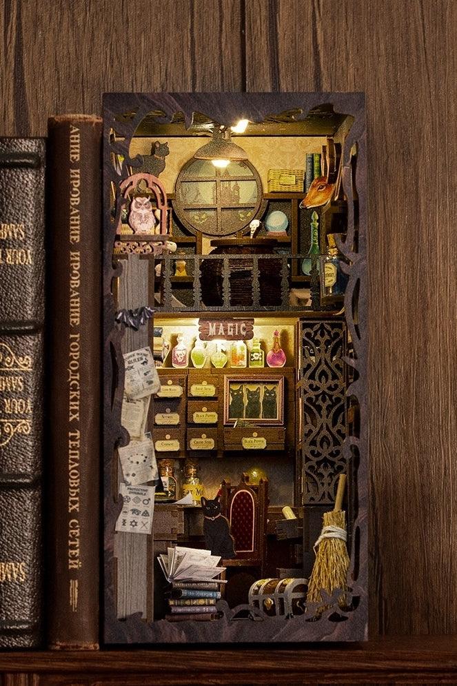 Create a charming reading corner with this wizard themed diy wooden book nook kit