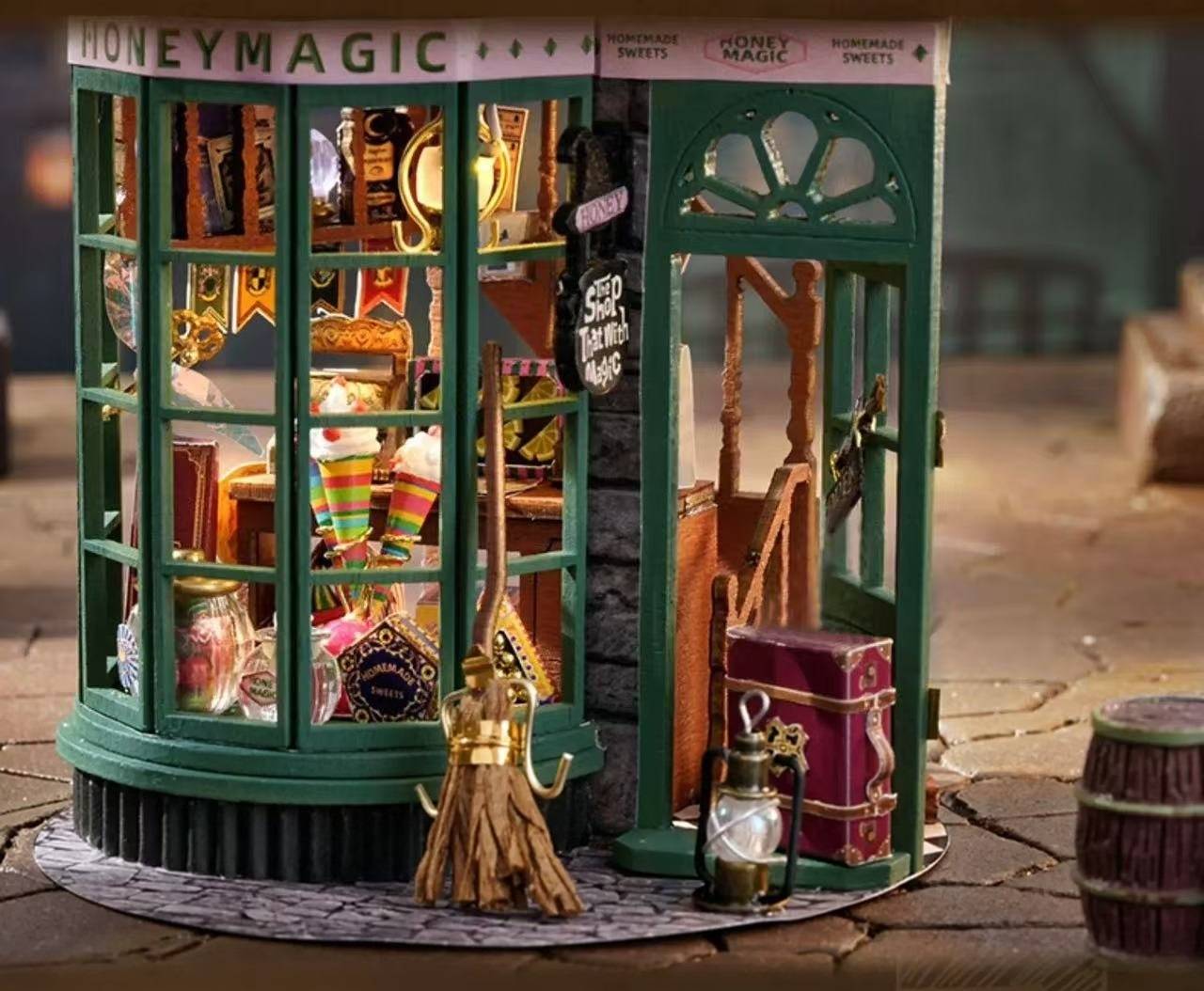 Magic Shop DIY Miniature House Kit in Dream Bottle Series, featuring an European architectural style magic shop within a stunning glass bottle.