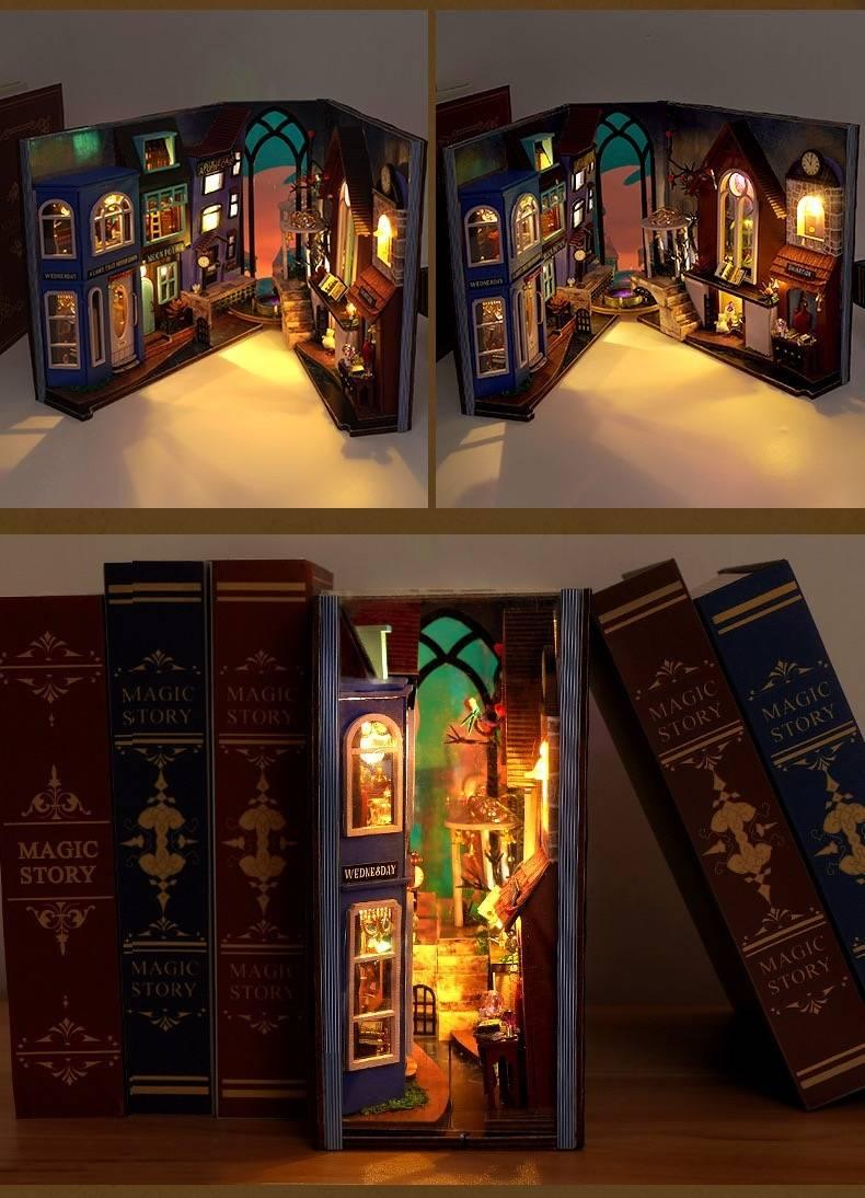 Magic Spell Street DIY Book Nook Kit, a miniature bookend inspired by diagon alley in Harry Potter. perfect for DIY lovers, dollhouse collectors, bookshelf insert decor, A great DIY project for magic world fans.