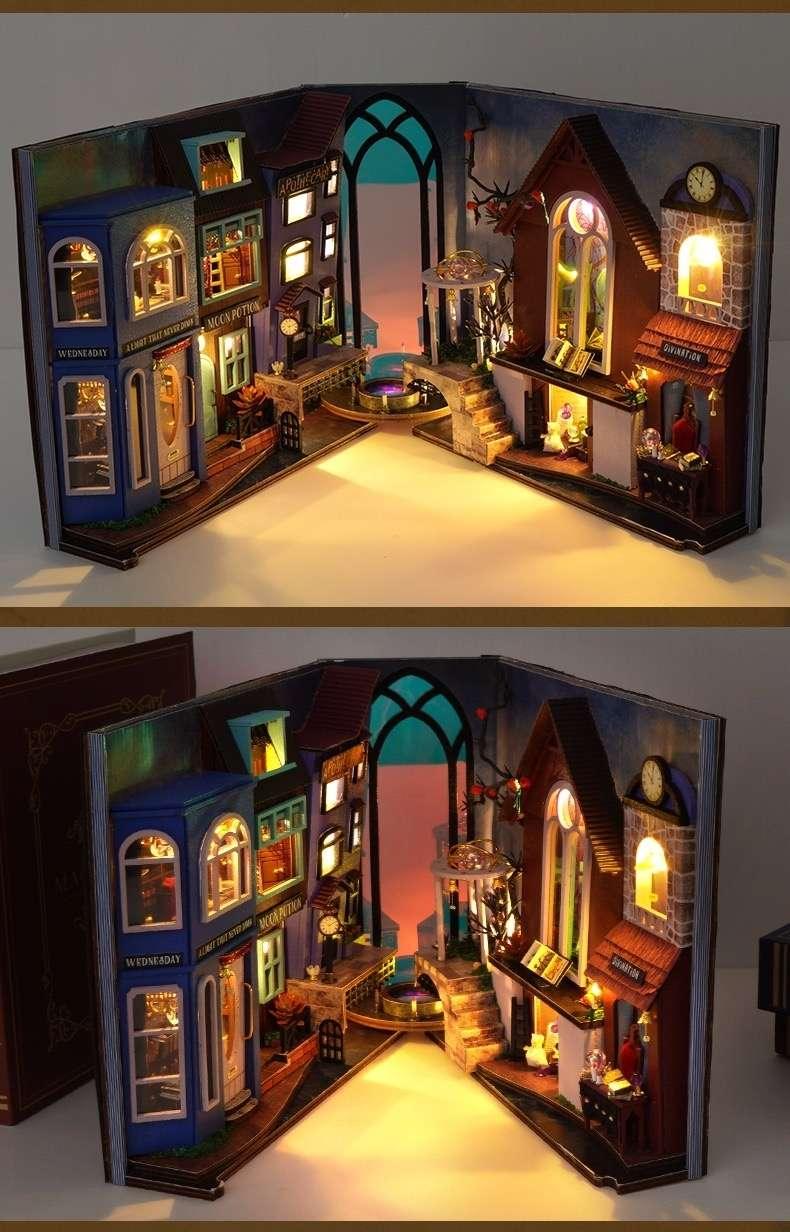 Magic Spell Street DIY Book Nook Kit, a miniature bookend inspired by diagon alley in Harry Potter. perfect for DIY lovers, dollhouse collectors, bookshelf insert decor, A great DIY project for magic world fans.