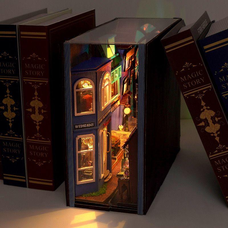 Magic Spell Street DIY Book Nook Kit, a miniature bookend inspired by diagon alley in Harry Potter. perfect for DIY lovers, dollhouse collectors, bookshelf insert decor, A great DIY project for magic world fans.