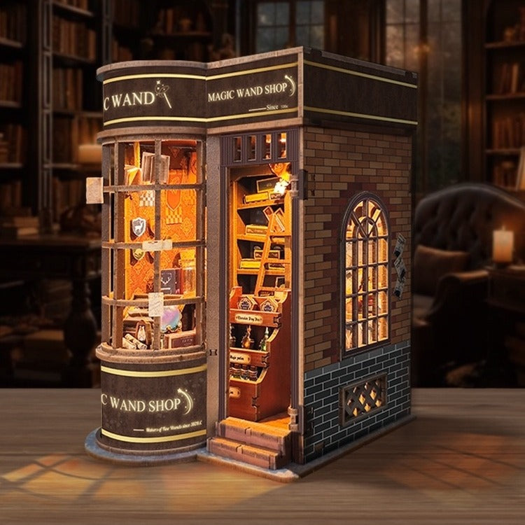 Model of a magic wand shop with illuminated interior on table as a table lamp and home decor