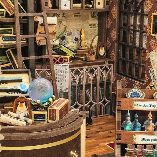 close-up the Magic Wand Shop Book Nook, displaying the miniature wizarding world display with books, potions, and decor.