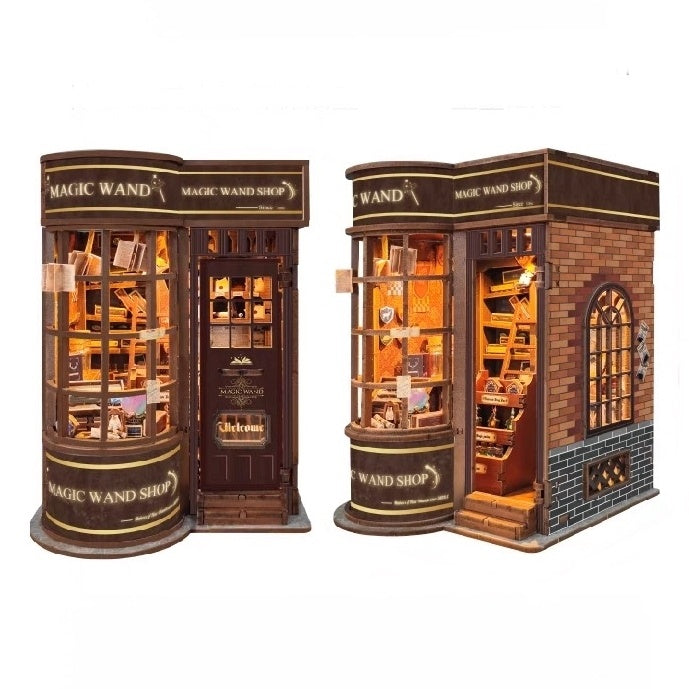Model of a wizard shop with a detailed interior and exterior on a white background