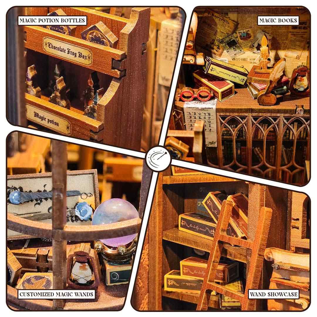 Collage of miniature wizarding items including potion bottles, books, and a wand showcase.