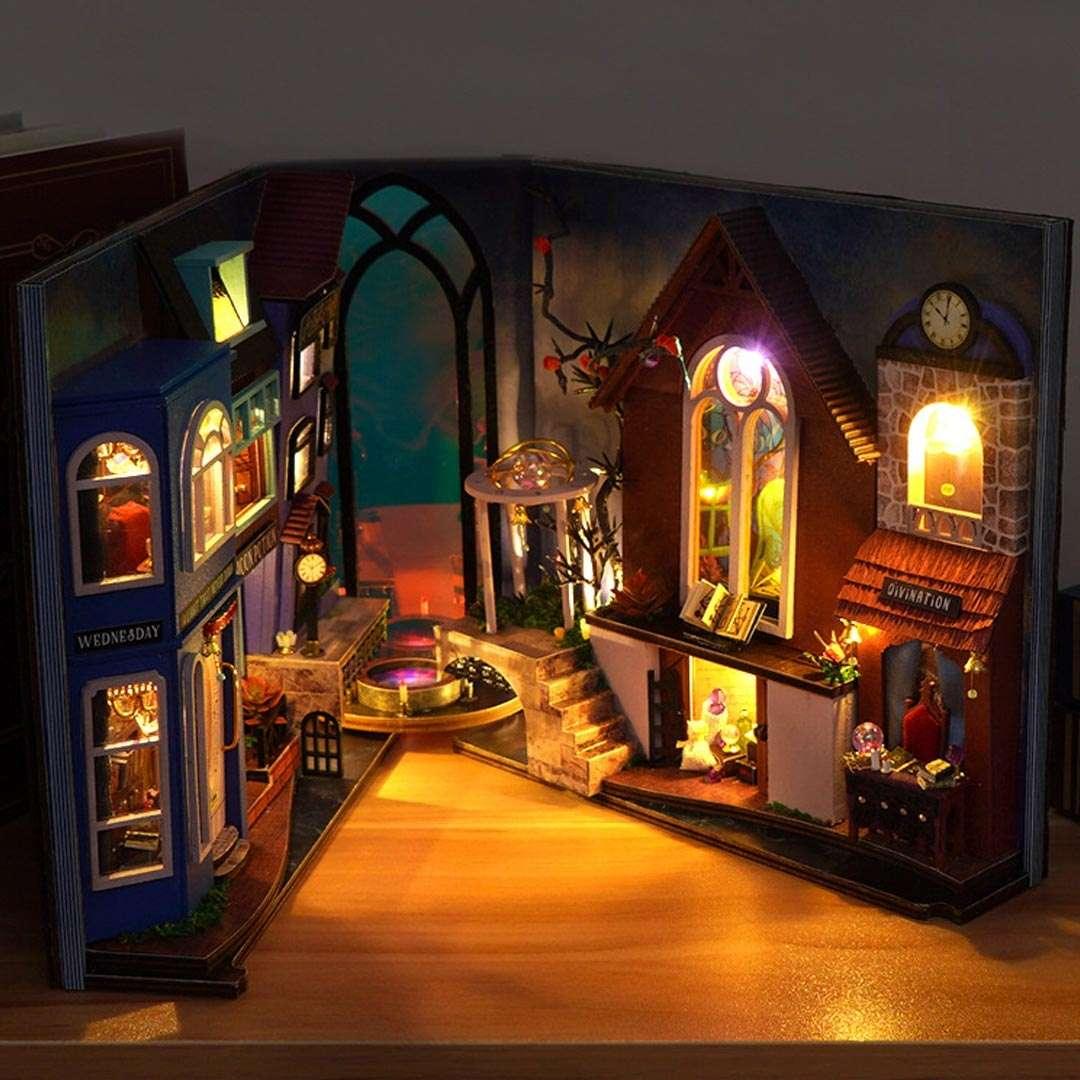 Magic Spell Street DIY Book Nook Kit, a miniature bookend inspired by diagon alley in Harry Potter. perfect for DIY lovers, dollhouse collectors, bookshelf insert decor, A great DIY project for magic world fans.