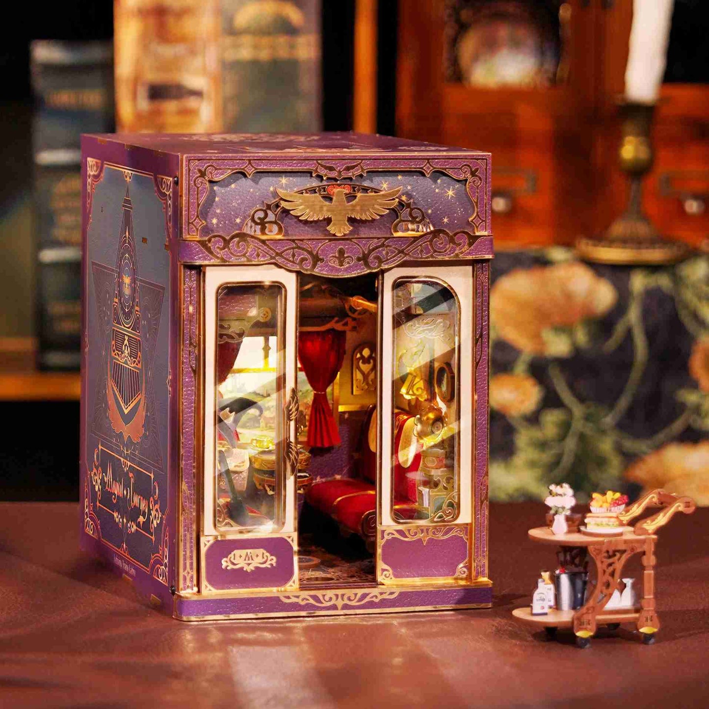 image displaying dust-proof acrylic panels embedded in doors of Magical Journey Train Cabin DIY Book Nook Kit