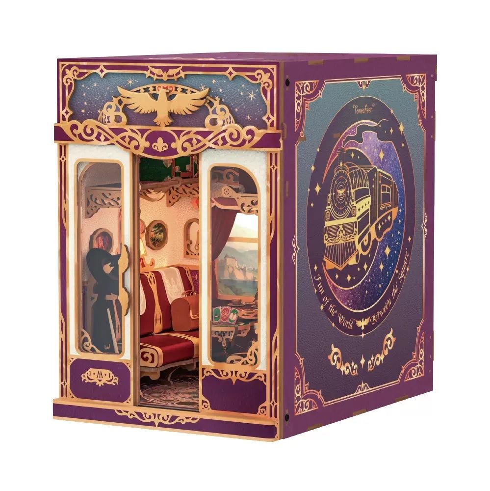 image displaying a 45 degree view of Magical Journey Train Cabin DIY Book Nook Kit