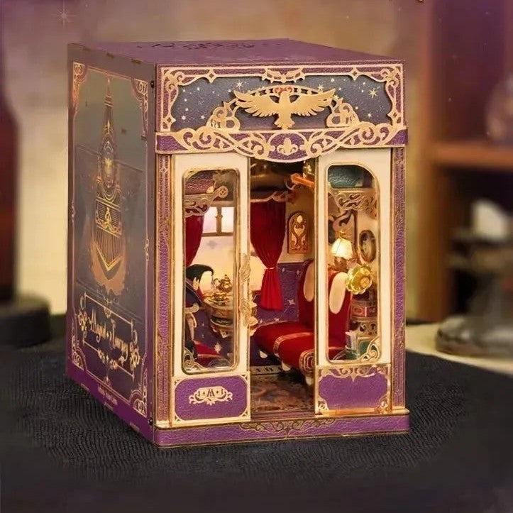 image displaying a 45 degree view of Magical Journey Train Cabin DIY Book Nook Kit on table