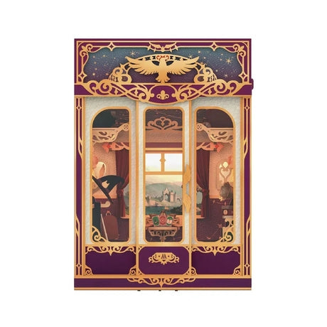 image displaying a front view of Magical Journey Train Cabin DIY Book Nook Kit in white background