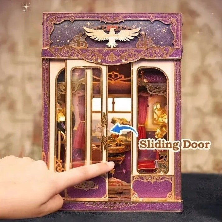 image displaying the sliding door of Magical Journey Train Cabin DIY Book Nook Kit