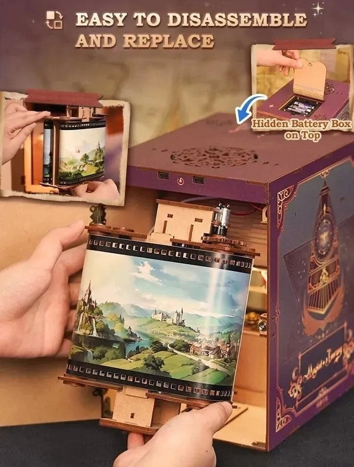 image displaying the motion film machine is putting in Magical Journey Train Cabin DIY Book Nook Kit, to showcasing the easy to disassemble and replace feature