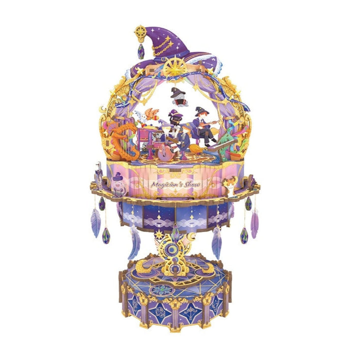 3D wooden puzzle music box of Magician's Show theme, with fantastic design on a white background