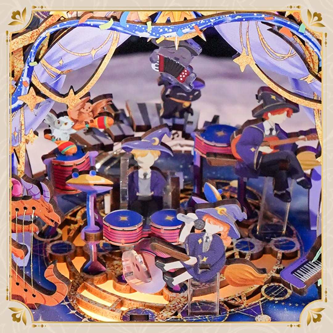 Colorful miniature orchestra set with musicians and instruments in Magician's Show Music Box Wooden Puzzle Kit