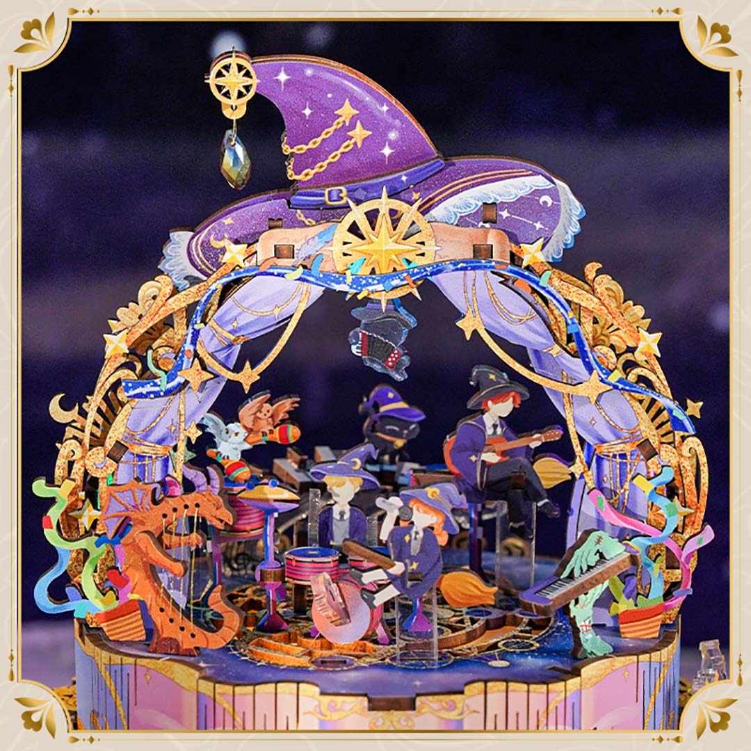 Colorful Wooden Music Box with various magician characters and a purple witch's hat
