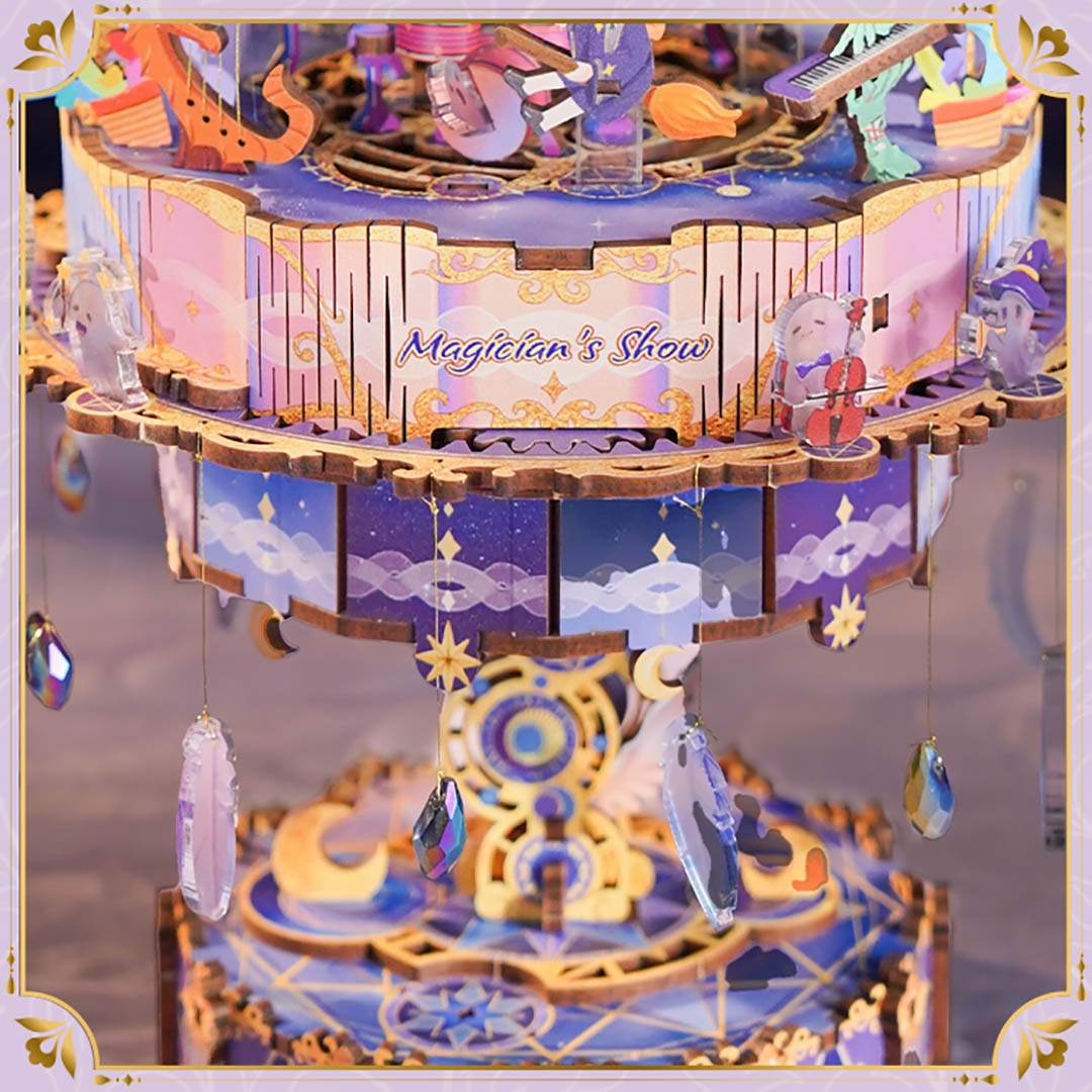 12 zodiac signs encircle the stage of the wooden Magician's Show Music Box