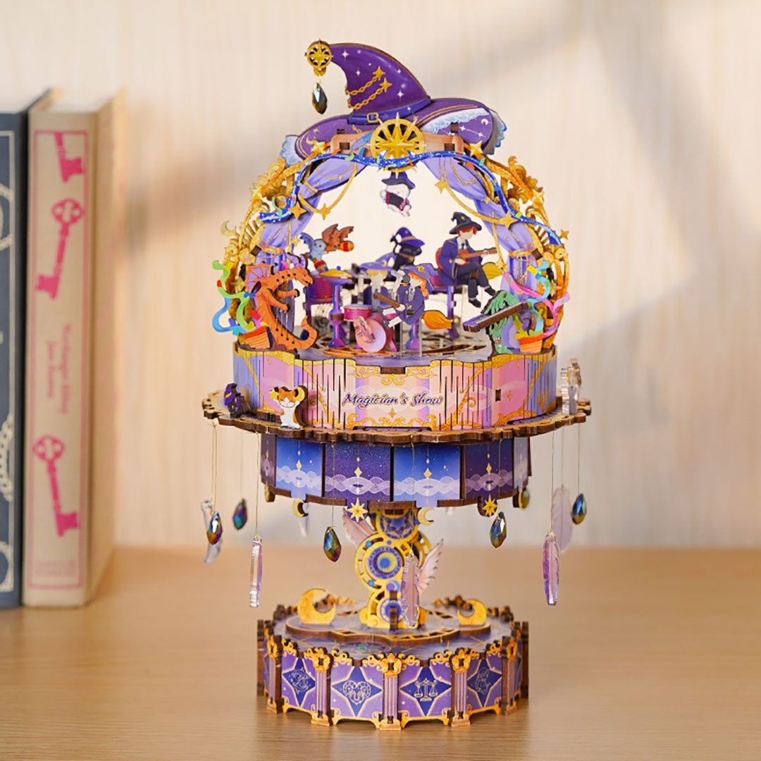 Colorful mechanical music box of Magical theme inspired by Harry Potter on table