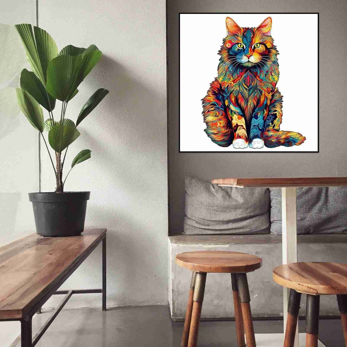 image displaying the assembled Maine Cat Wooden Jigsaw Puzzle on a wall as decoration