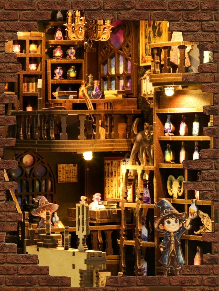 close-up miniature scene inside the Master Alchemist Book Nook