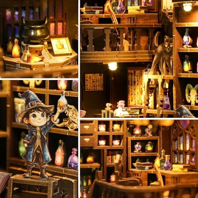 image displaying the miniature scenes in Master Alchemist Book Nook on table