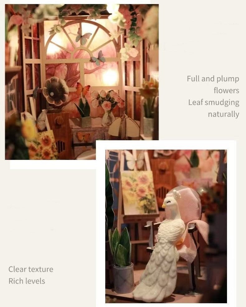 image displaying the miniature details in finished Mini Greenhouse DIY Book Nook Kit