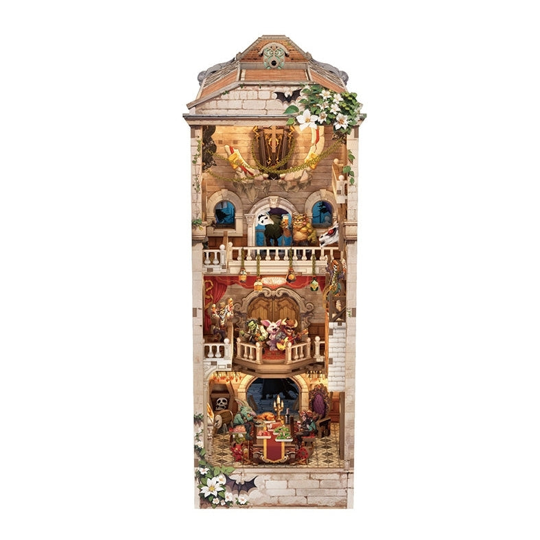 book nook model with castle architectural design and floral elements