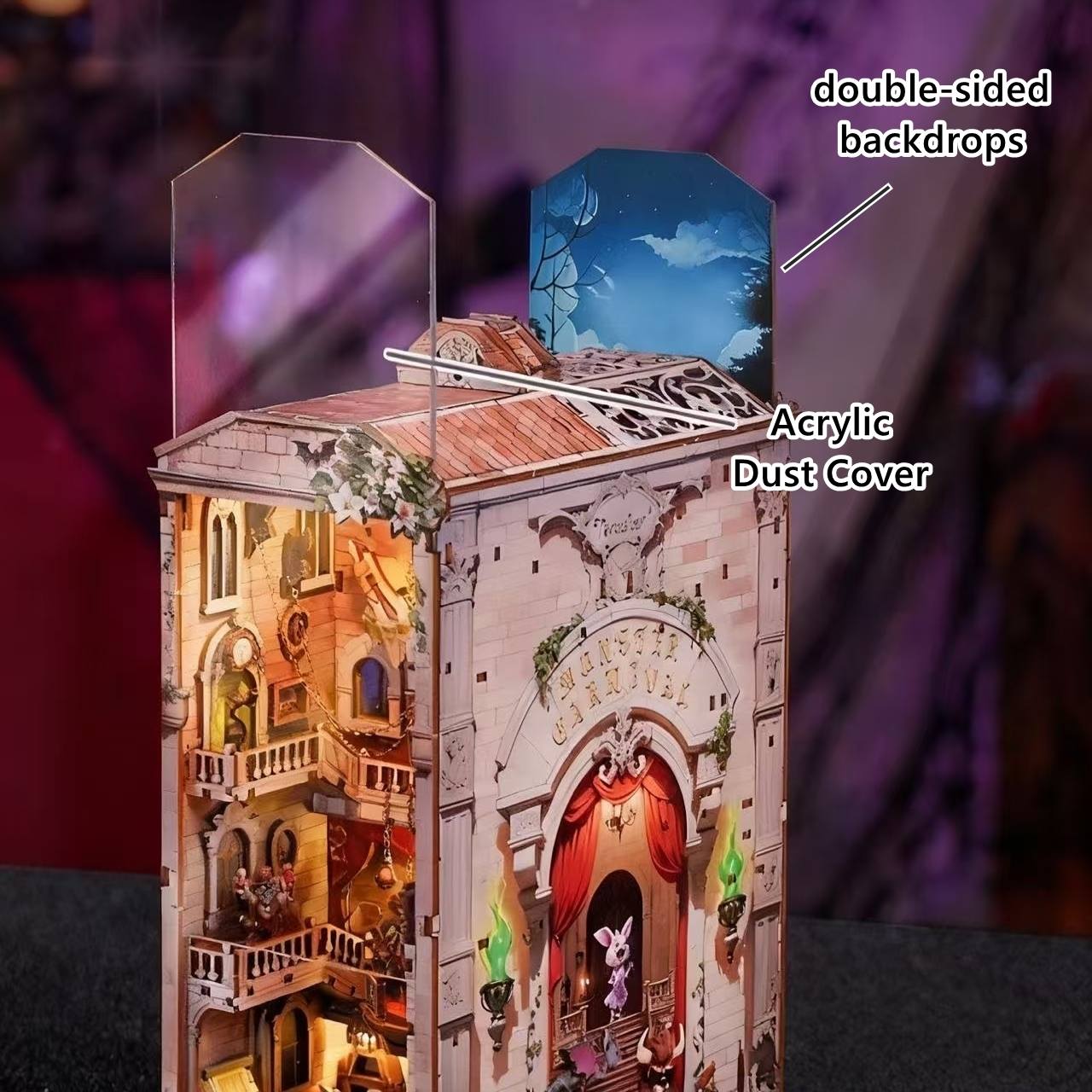 Acrylic dust cover and double-sided backdrop of castle-themed book nook