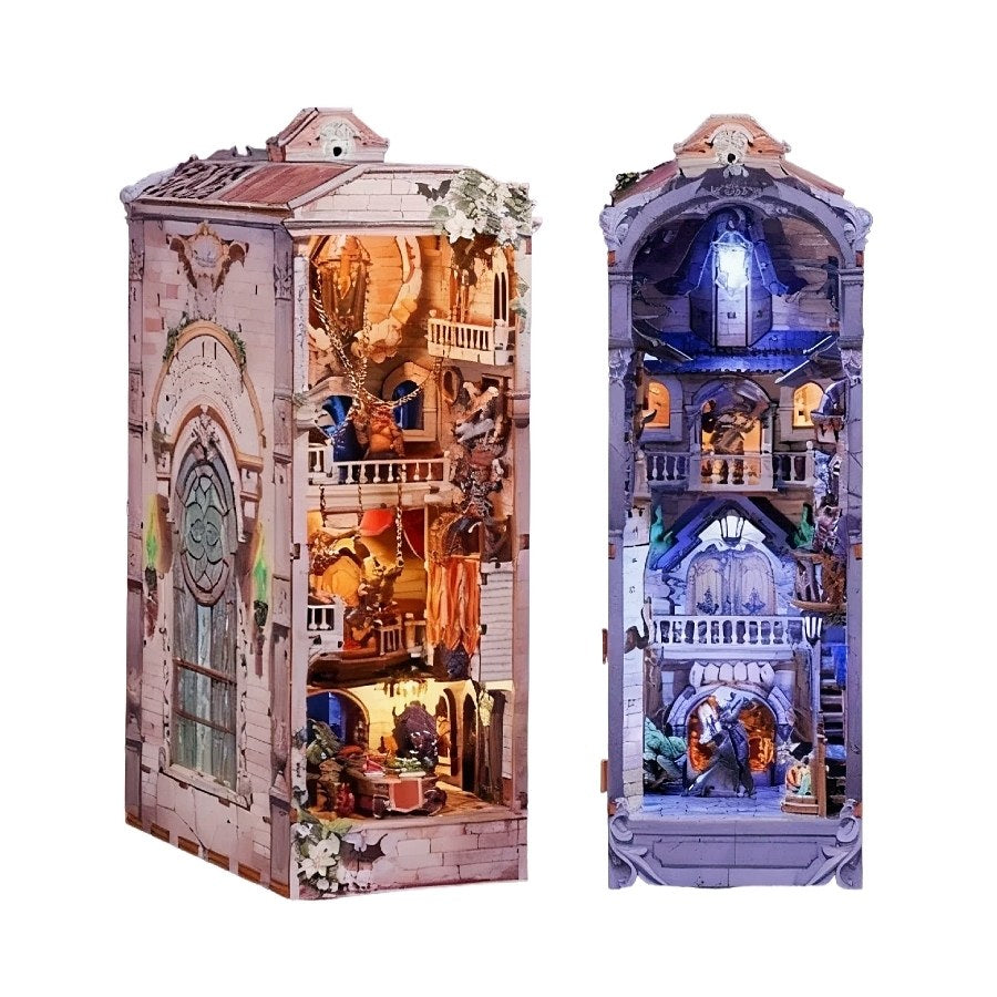 intricately designed double-sided book nook model with detailed interiors